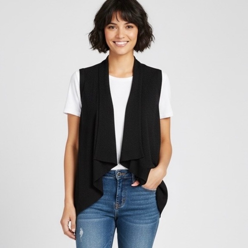 Ming Wang Open Front Textured Cardigan Vest Women Small‎ Black Lagenlook Minimal